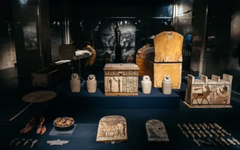 Mummification Museum Luxor — complete ancient embalming toolkit displayed in sequence